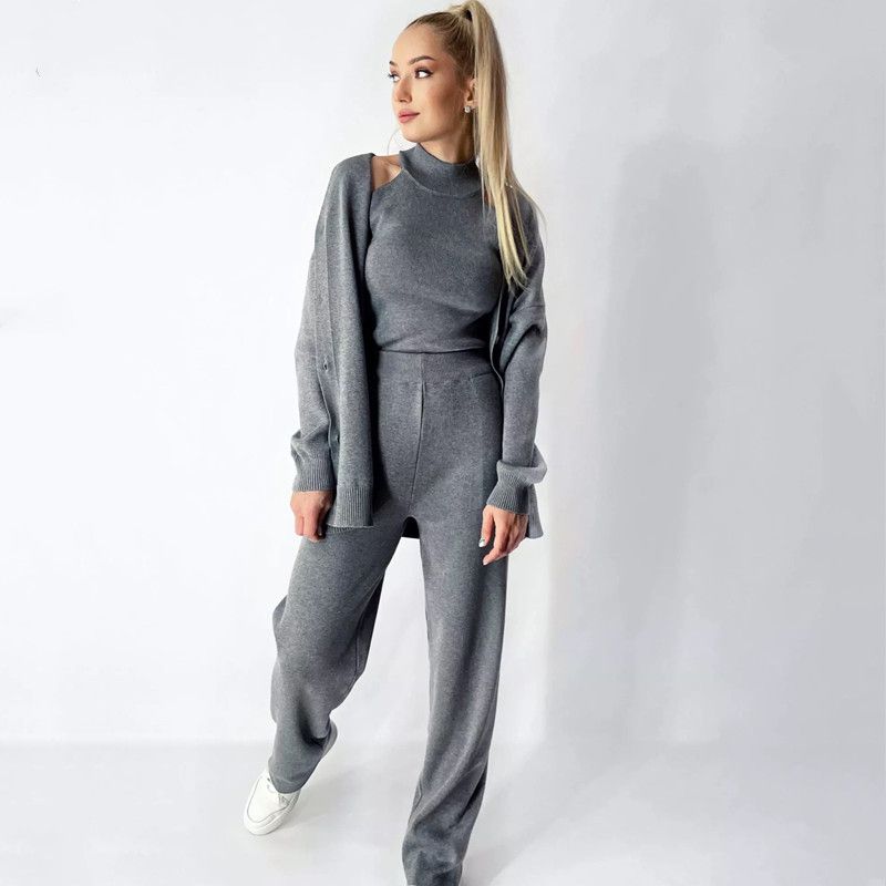 Fashion Grey Acrylic Knitted Vest Cardigan Wide Leg Trousers Suit
