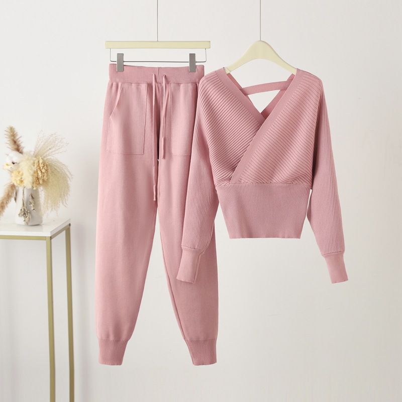 Fashion Pink Acrylic Knitted Sweater Lace-up Trousers Set