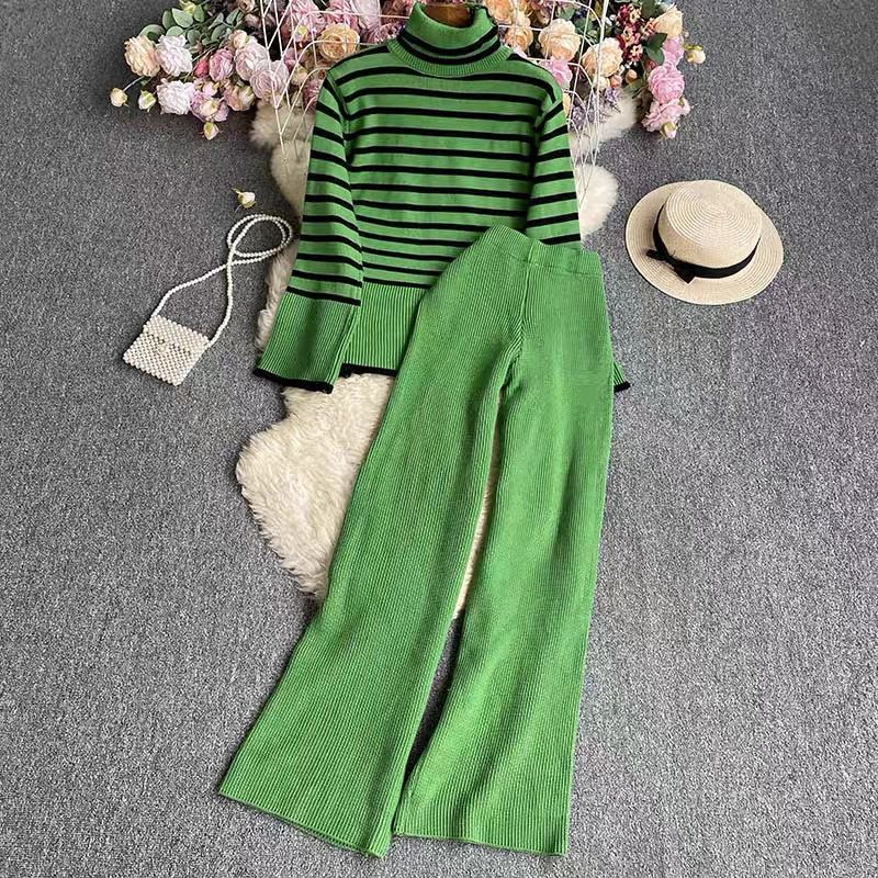 Fashion Green Acrylic Knitted Striped Sweater Wide-leg Trousers Set
