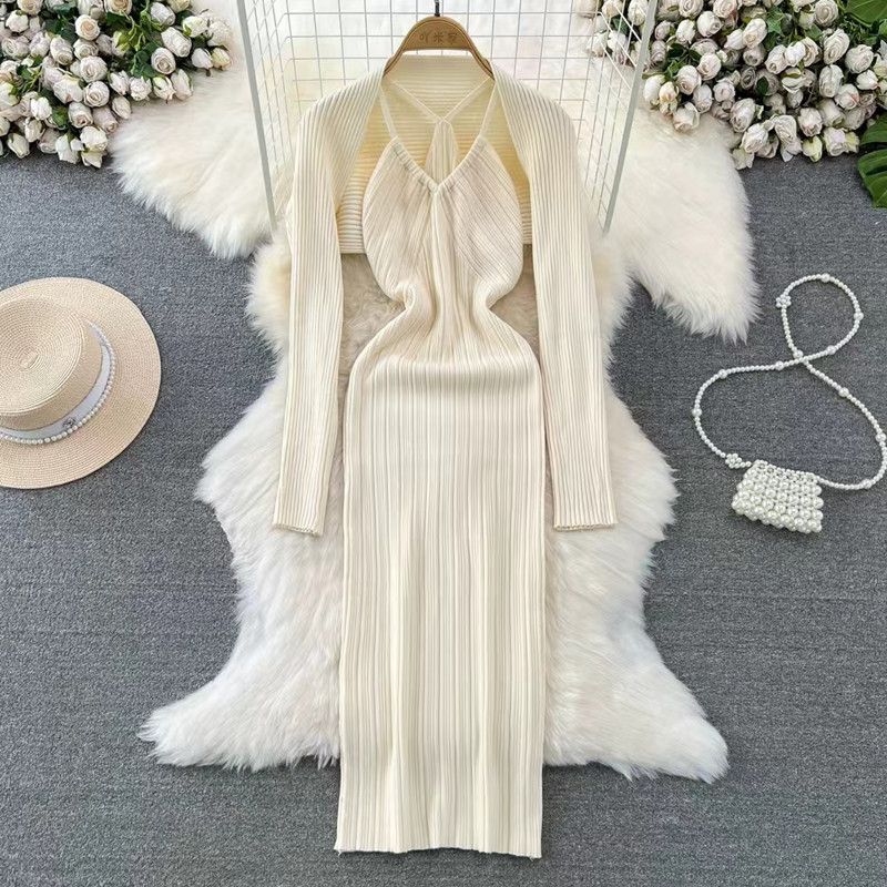Fashion Apricot Acrylic Knitted Cardigan Shawl Knitted Long Skirt Suit