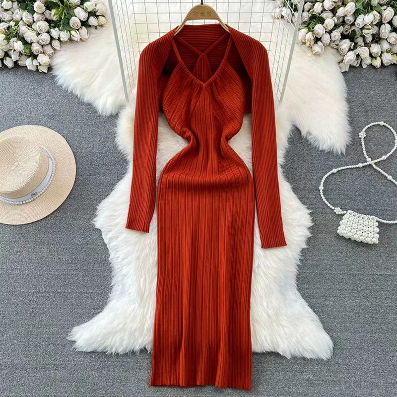 Fashion Orange Red Acrylic Knitted Cardigan Shawl Knitted Long Skirt Suit