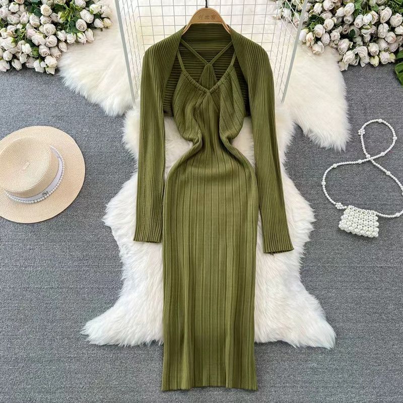 Fashion Armygreen Acrylic Knitted Cardigan Shawl Knitted Long Skirt Suit