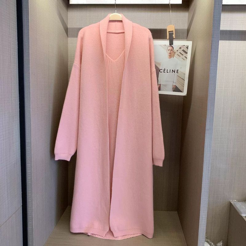 Fashion Pink Acrylic Knitted Long Skirt Cardigan Shawl Set