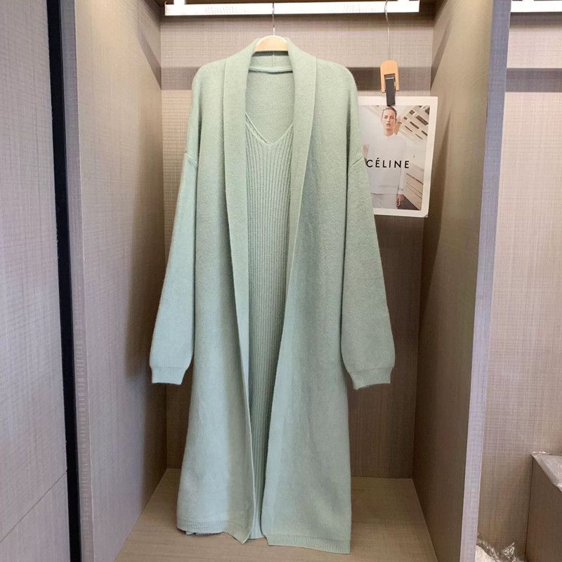 Fashion Green Acrylic Knitted Long Skirt Cardigan Shawl Set