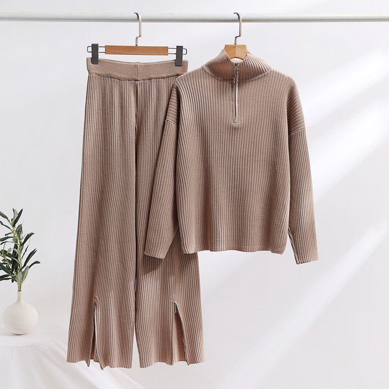 Fashion Khaki Acrylic Knitted Stand Collar Sweater Slit Wide Leg Pants Suit