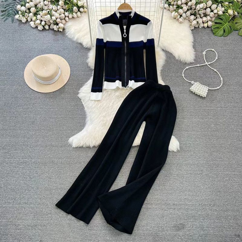 Fashion Black Acrylic Knitted Stand-collar Zipper Sweater High-waisted Wide-leg Pants Suit