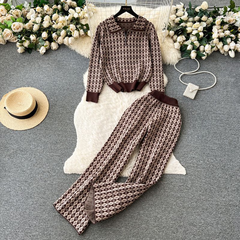 Fashion Brown Acrylic Printed Lapel Knitted Sweater Wide Leg Pants Suit