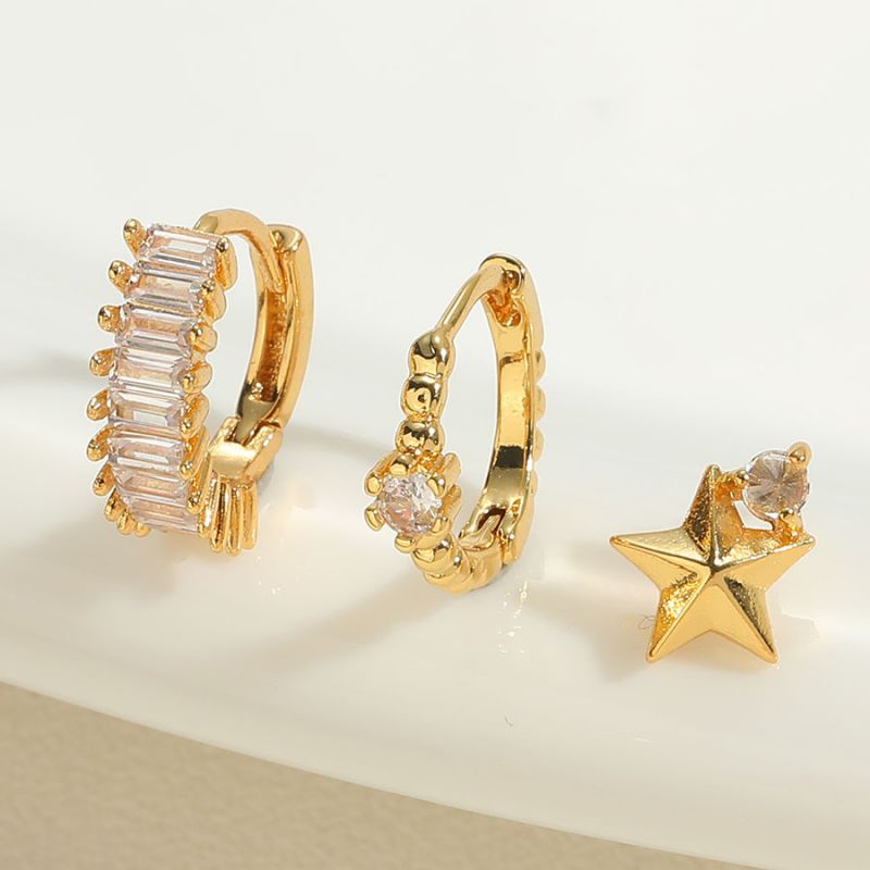 Fashion Five-pointed Star Zircon Three-piece Earring Set Copper And Diamond Geometric Earrings Set