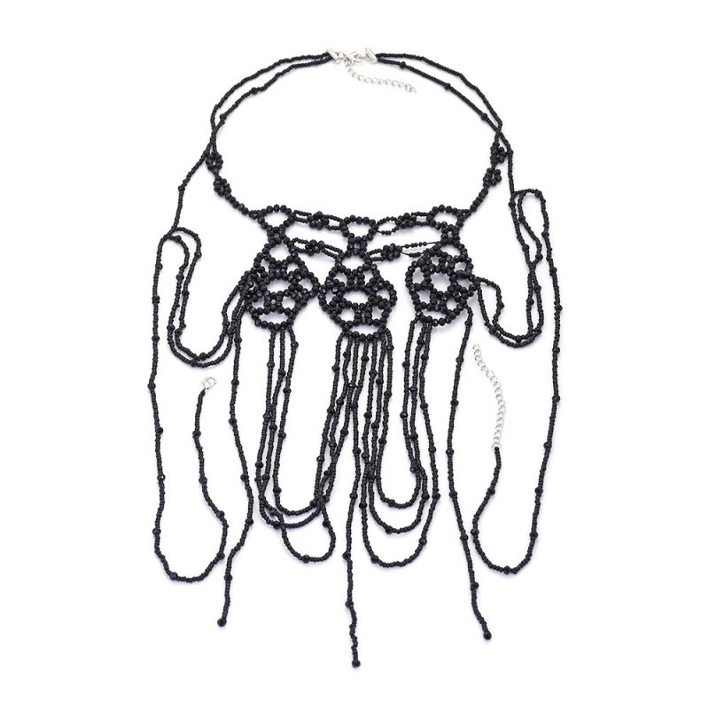 Fashion Black Rice Beads Beaded Tassel Braided Multi-layer Necklace