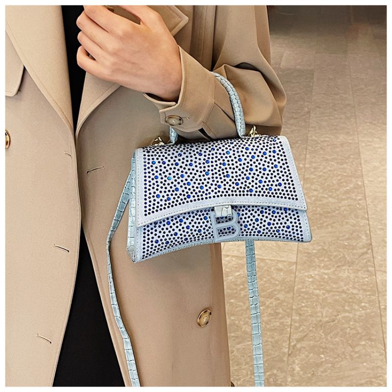 Fashion Blue Pu Diamond Flap Crossbody Bag