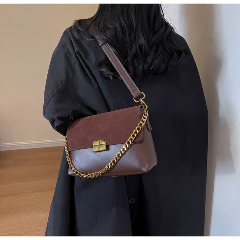 Fashion Brown Suede Pu Lock Flap Crossbody Bag