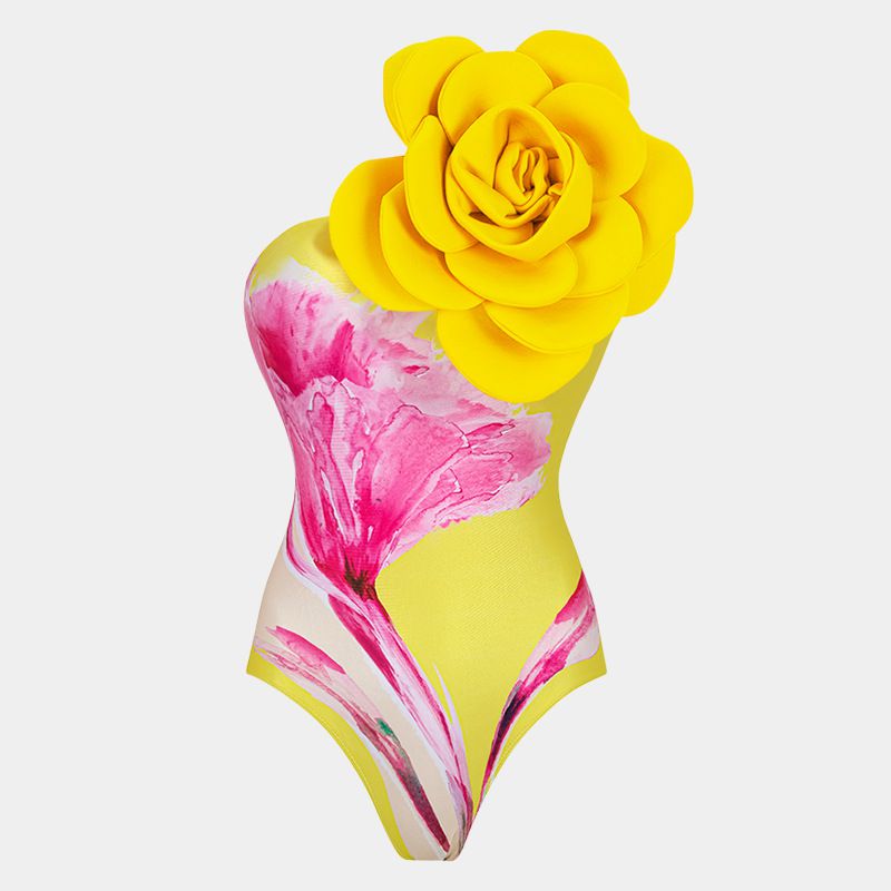 Fashion Yellow Floral Swimsuit Polyester Printed One-piece Swimsuit