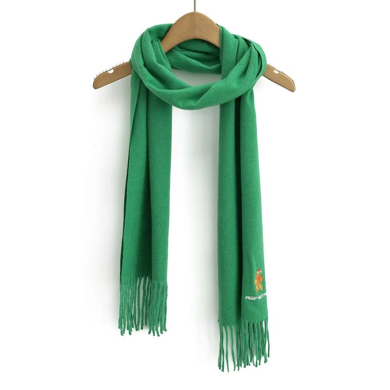 Fashion Green Gingerbread Man Embroidery Christmas Embroidered Cashmere Fringed Scarf