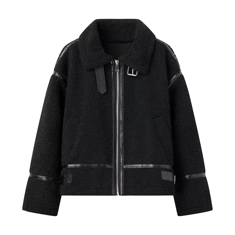 Fashion Black Lambswool Lapel Zipped Jacket