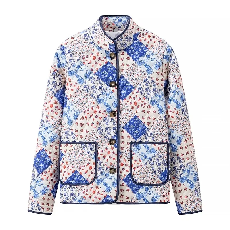 Fashion Color Printed Crew Neck Buttoned Jacket