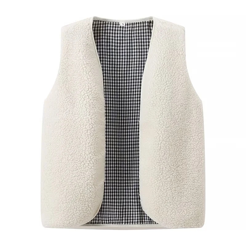 Fashion White Lamb Wool Check Vest