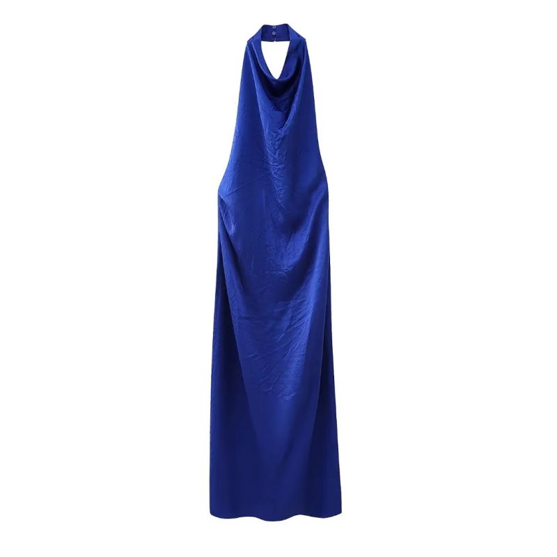 Fashion Blue Polyester Halter Neck Long Skirt