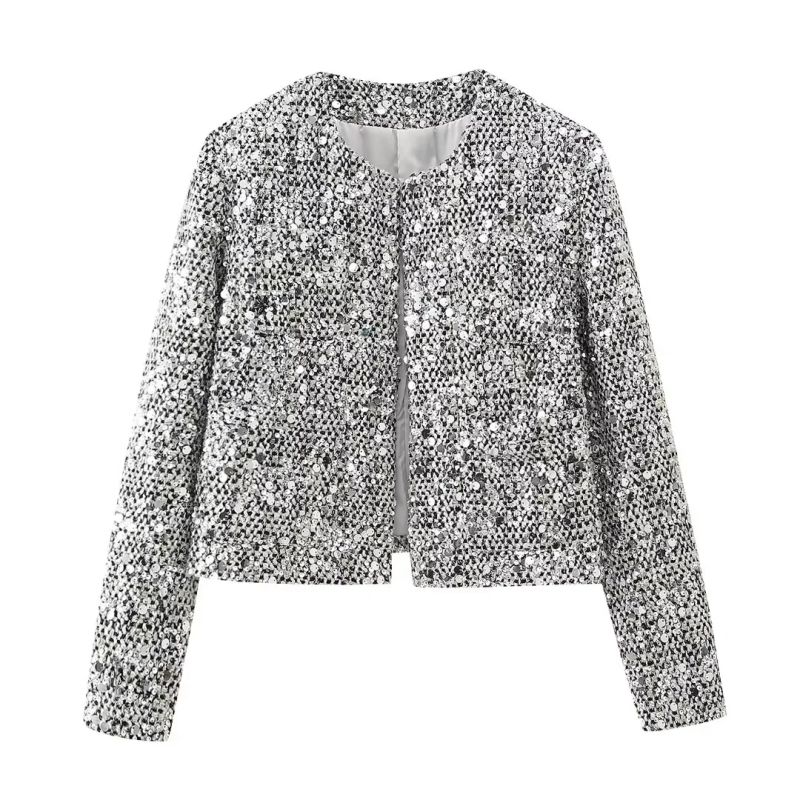 Fashion Silver Polyester Sequined Crew Neck Jacket