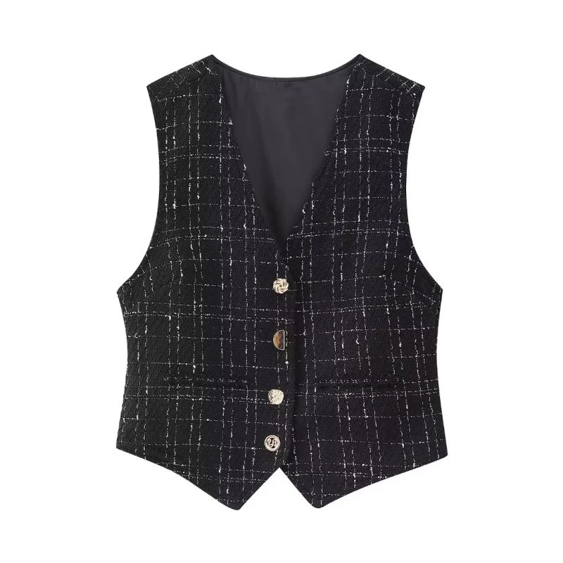 Fashion Black Polyester Check Buttoned Vest