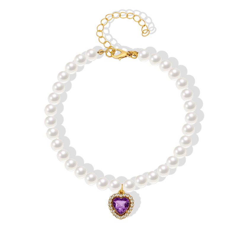 Fashion Purple Pearl Beaded Diamond Love Pet Collar