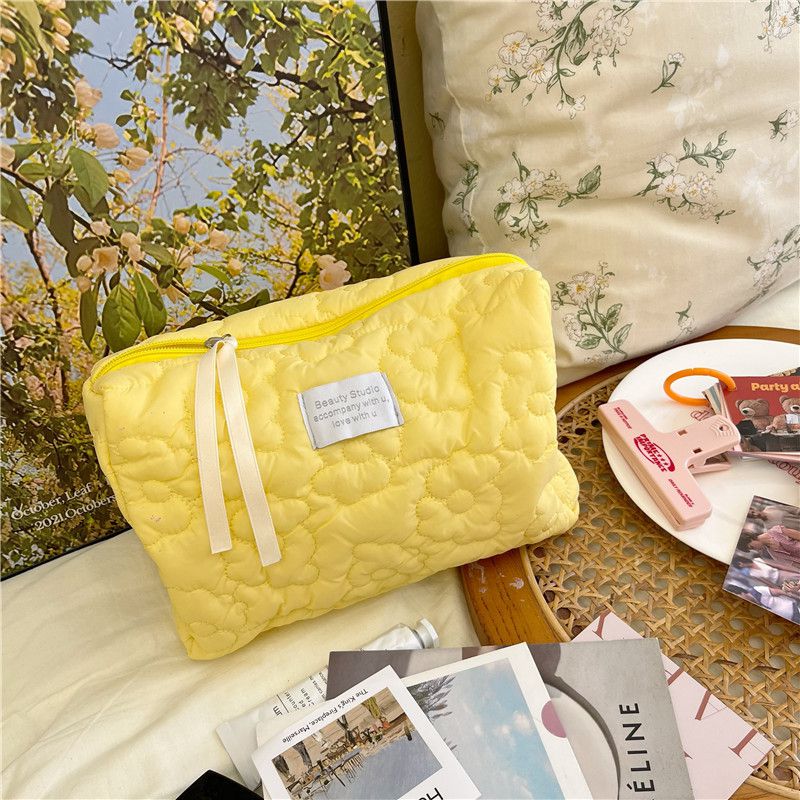 Fashion Yellow Medium Nylon Quilted Flower Large Capacity Portable Storage Bag