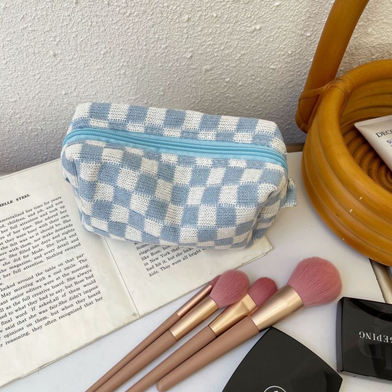 Fashion Blue And White Checkered Checkerboard Knitted Large Capacity Storage Bag