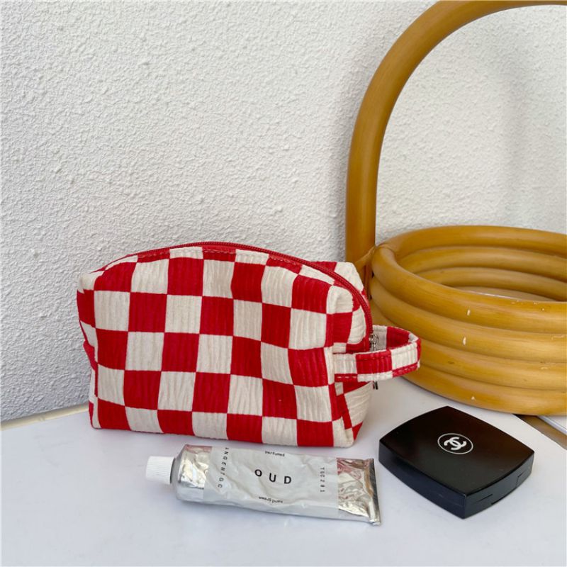 Fashion Red And White Large Checkered Velvet Printed Large Capacity Pencil Case