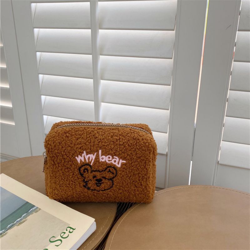Fashion Brown Plush Bear Embroidered Cartoon Storage Bag