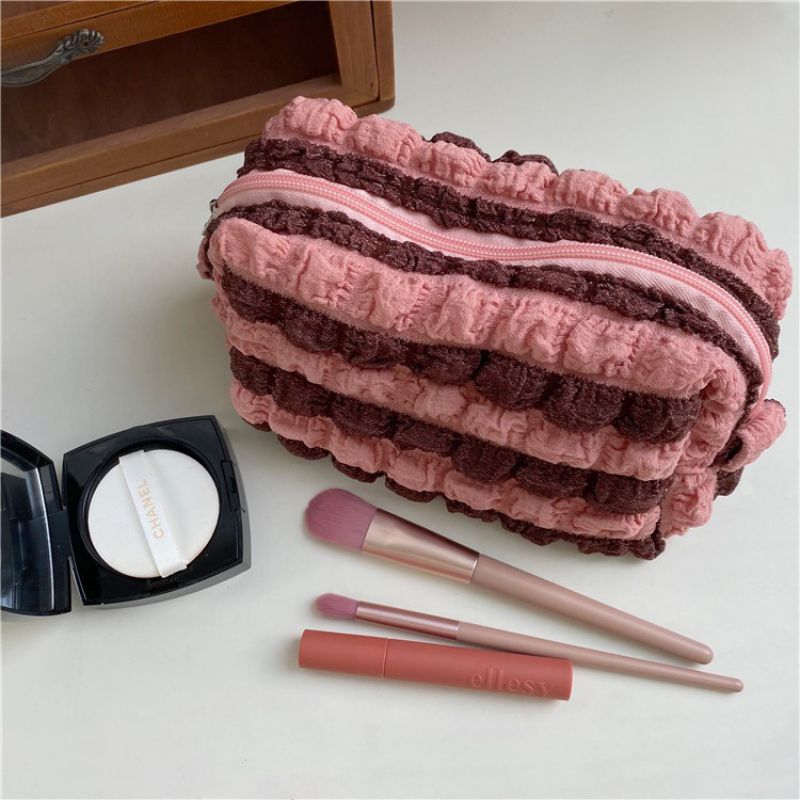 Fashion Rose Pink Cotton Pleated Colorblock Large-capacity Pencil Case