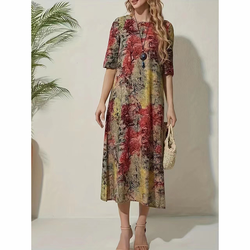 Fashion Red Polyester Printed Round Neck Long Skirt