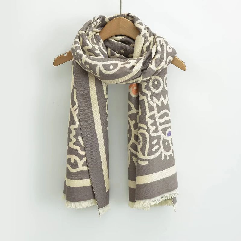 Fashion Light Grey Knitted Printed Fringed Scarf