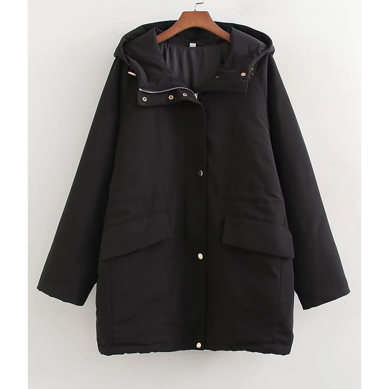 Fashion Black Polyester Buttoned Hooded Jacket