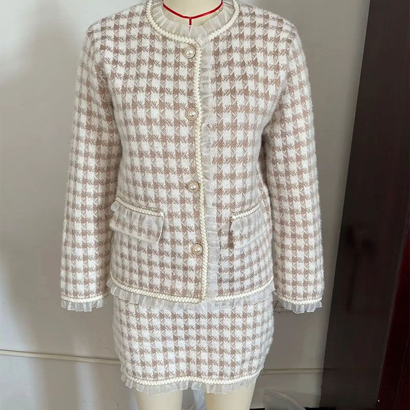 Fashion Suit Houndstooth Patchwork Lace Buttoned Jacket And Skirt Suit