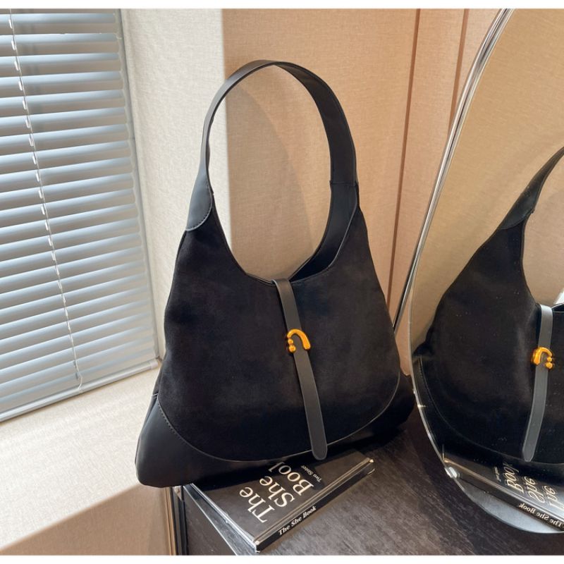 Fashion Black Contrast Color Suede Large Capacity Shoulder Bag