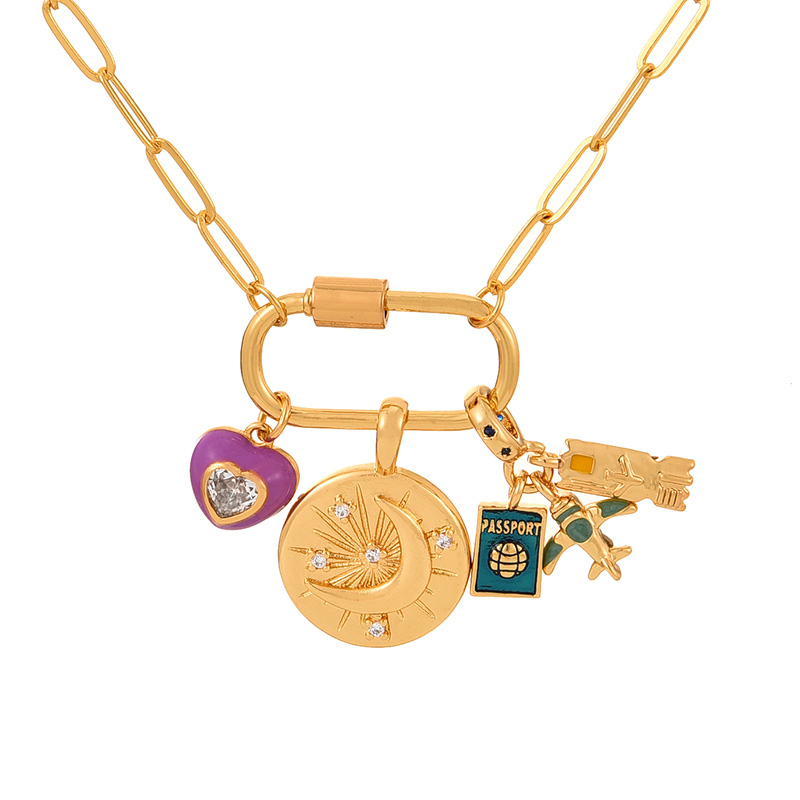 Fashion Gold Copper-set Zircon Drop Oil Love Airplane Pendant Necklace