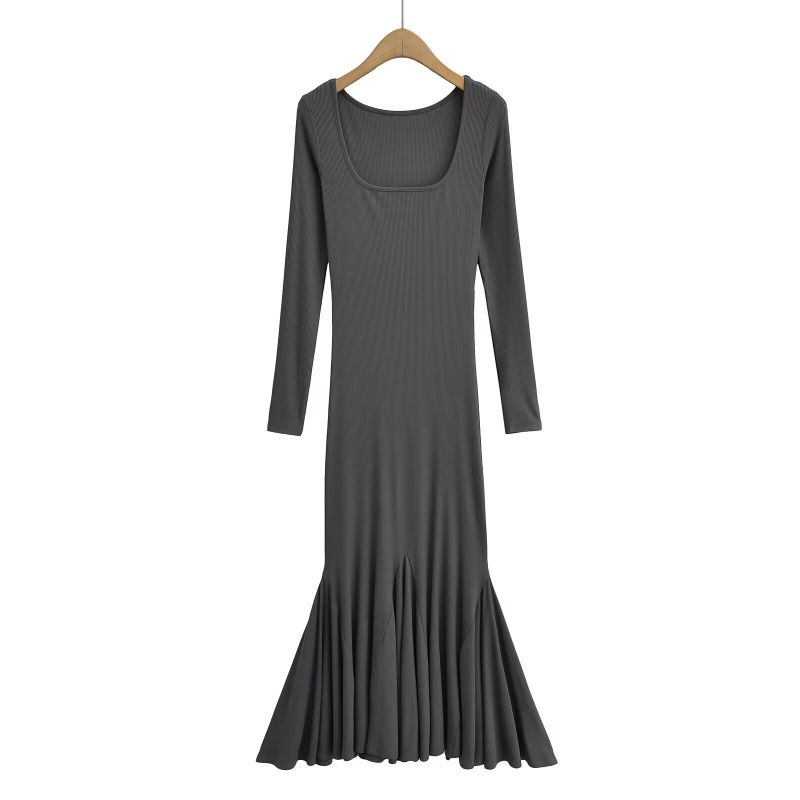 Fashion Dark Gray Polyester U-neck Fishtail Long Skirt