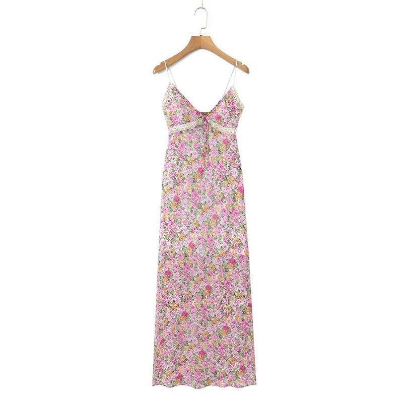 Fashion Pink V-neck Lace Floral Suspender Maxi Dress