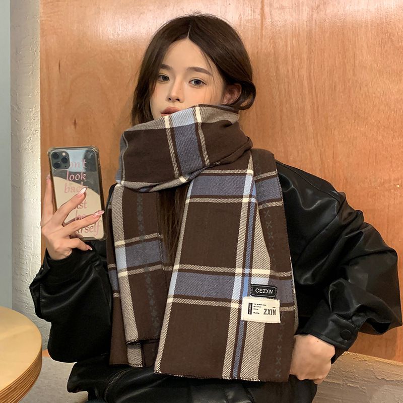 Fashion Coffee Color Cotton Polyester Plaid Scarf