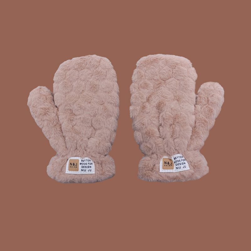 Fashion Six-sided Gloves-khaki Cotton Polyester Embossed Plush All-inclusive Gloves