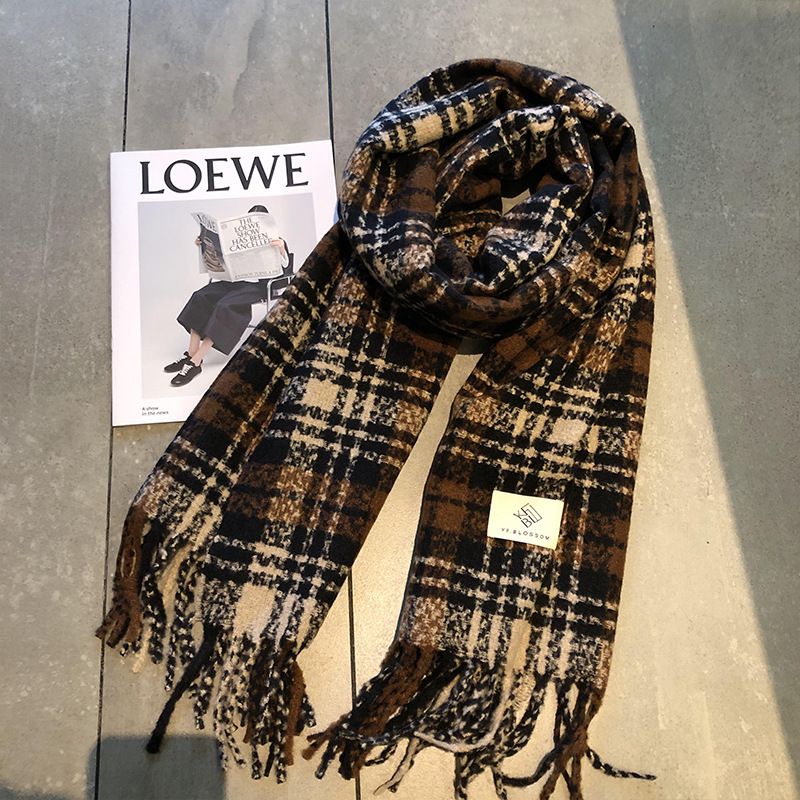 Fashion Coffee Cotton Checked Fringed Scarf