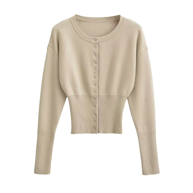 Fashion Apricot Polyester Concealed Button Round Neck Sweater Cardigan