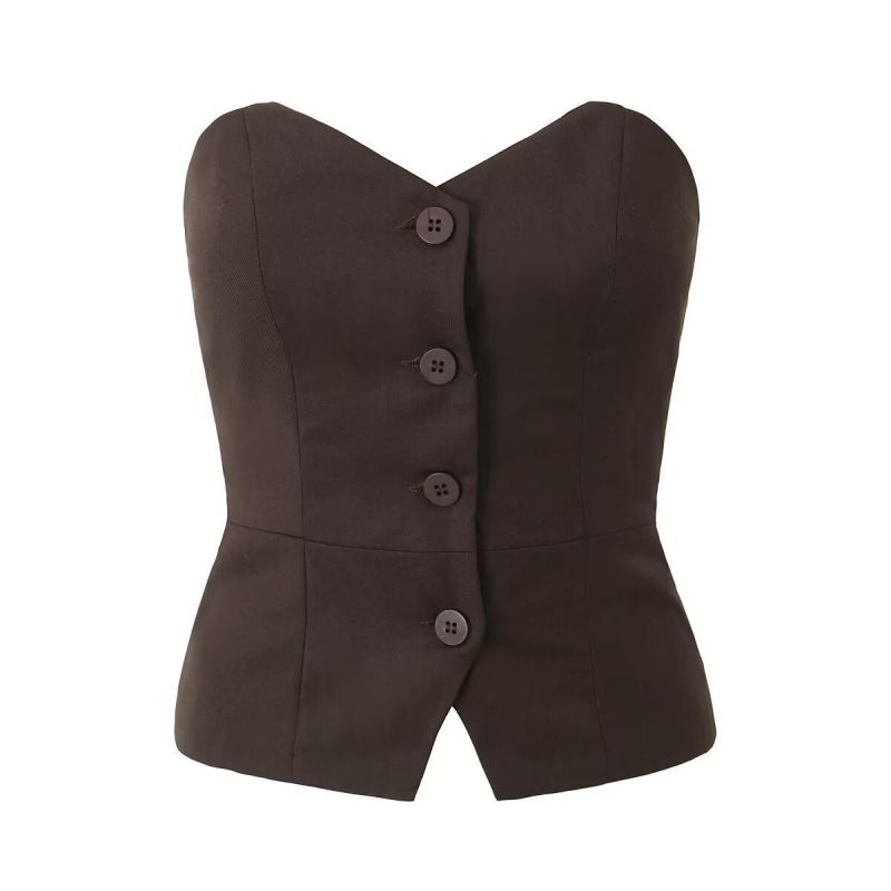 Fashion Coffee Polyester Buttoned Tube Top