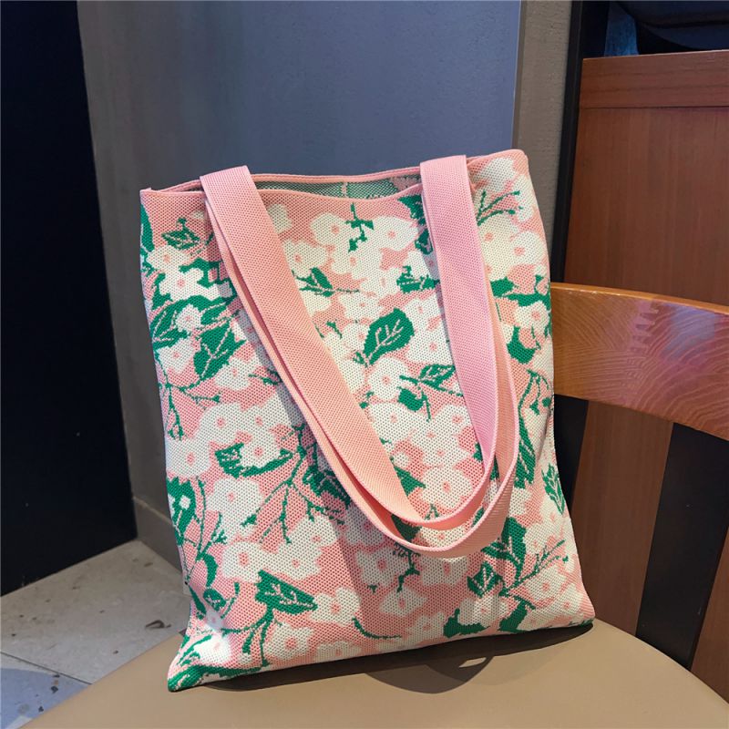 Fashion 15 Flower And Leaf Powder Knitted Printed Large Capacity Shoulder Bag