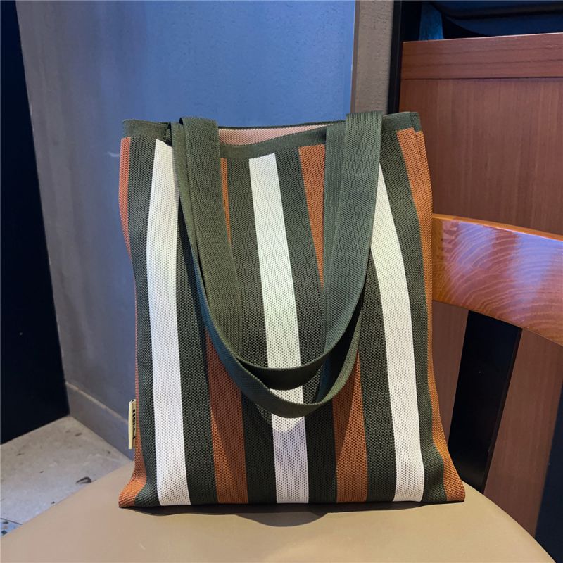 Fashion 23 Three Color Strips Green And Brown Knitted Printed Large Capacity Shoulder Bag