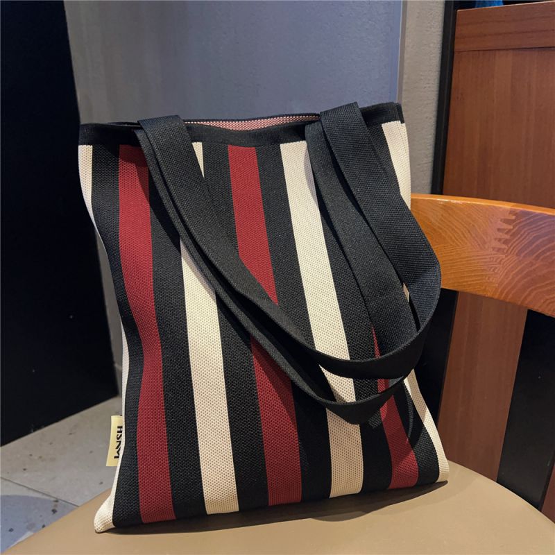 Fashion 24 Three Color Strips Red And Black Knitted Printed Large Capacity Shoulder Bag