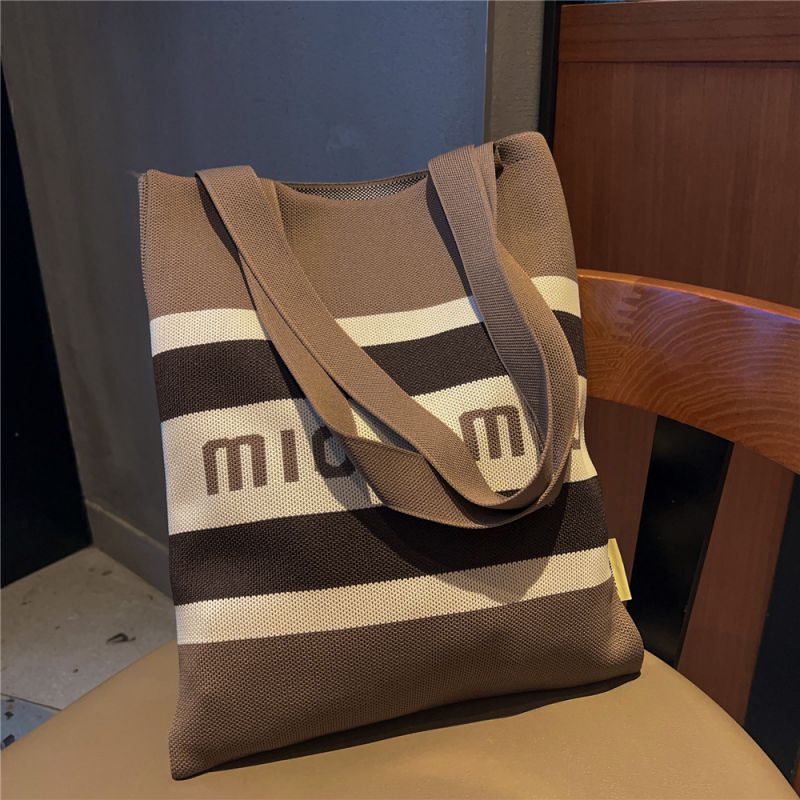 Fashion 27 Letters Striped Brown Knitted Printed Large Capacity Shoulder Bag
