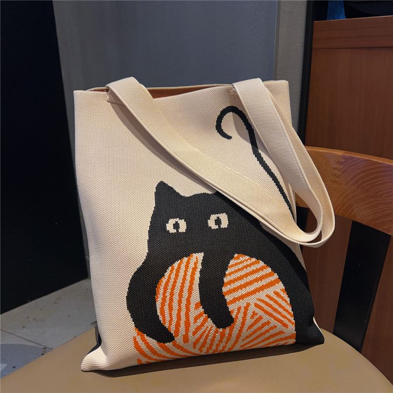 Fashion 30 Thread Balls Cat Rice Knitted Printed Large Capacity Shoulder Bag