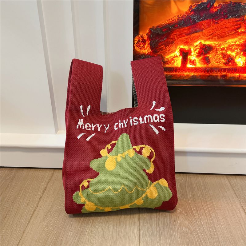 Fashion 4 Bells Christmas Tree Polyester Knitted Printed Large Capacity Tote Bag