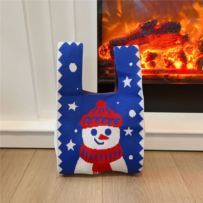 Fashion 5 Snowman Blue Polyester Knitted Printed Large Capacity Tote Bag