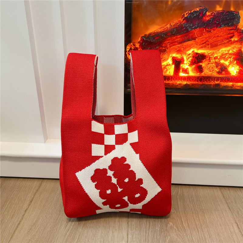 Fashion 6 Grid Polyester Knitted Printed Large Capacity Tote Bag
